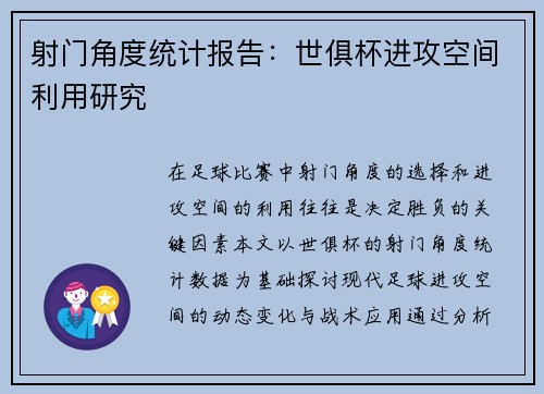 射门角度统计报告：世俱杯进攻空间利用研究