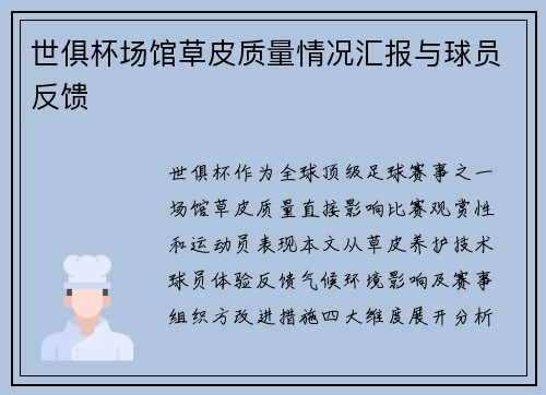 世俱杯场馆草皮质量情况汇报与球员反馈